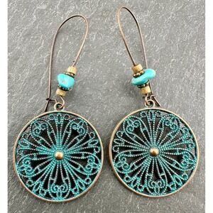 Boho Turquoise Blue Wagon Wheel Patina Copper Alloy Earrings